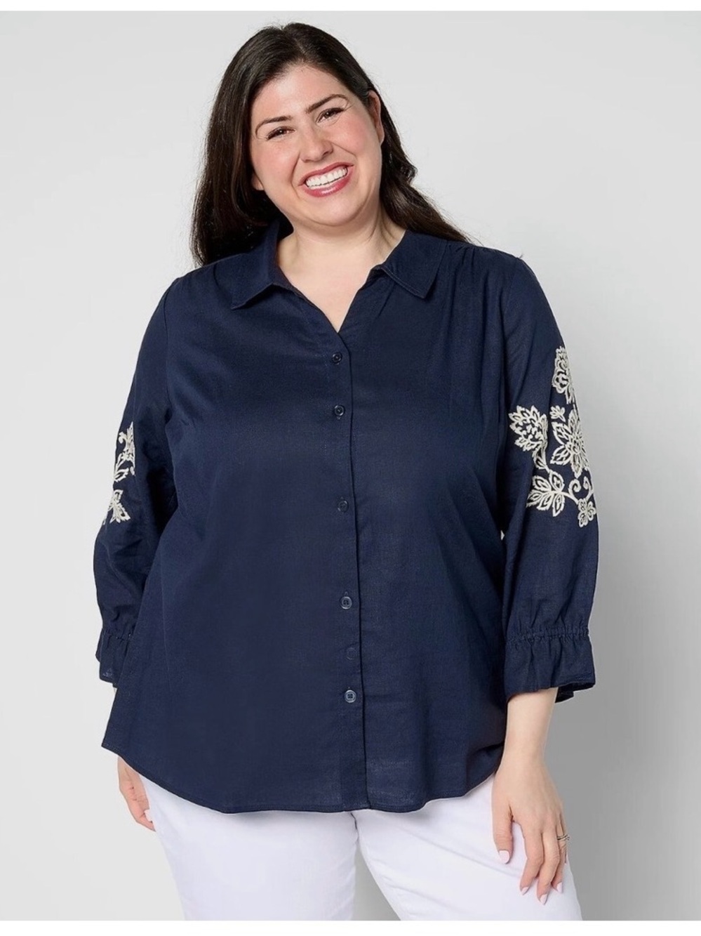 Belle by Kim Gravel Navy Button Down Shirt with White Embroidery